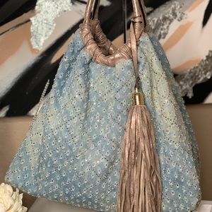 Distressed Denim XL Tote w/Rhinestones